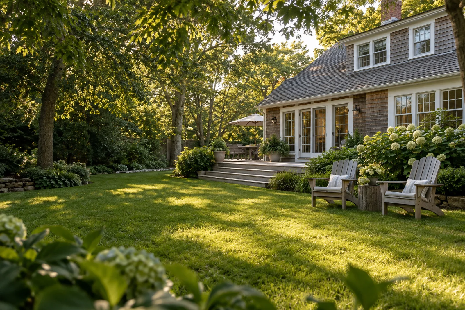 Illustrative Suffolk-style shingle home with a deck and a leafy garden