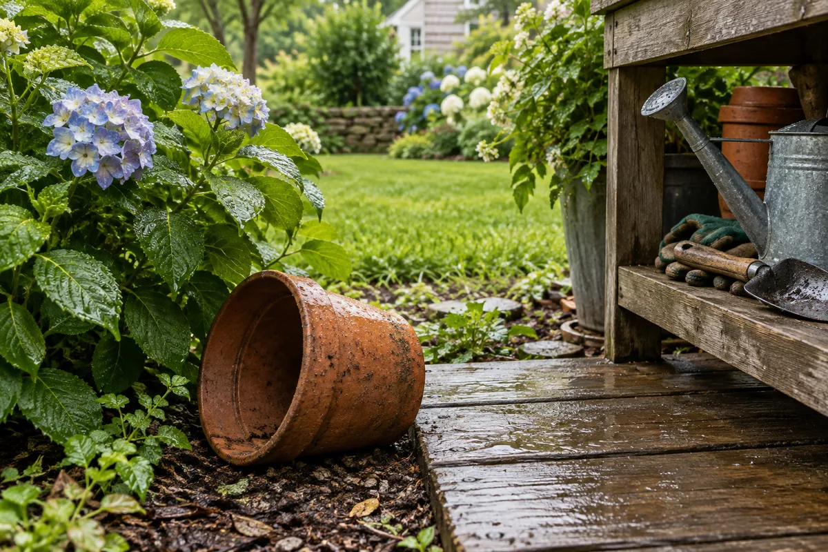 Illustrative garden detail after rain with a flowerpot and timber deck