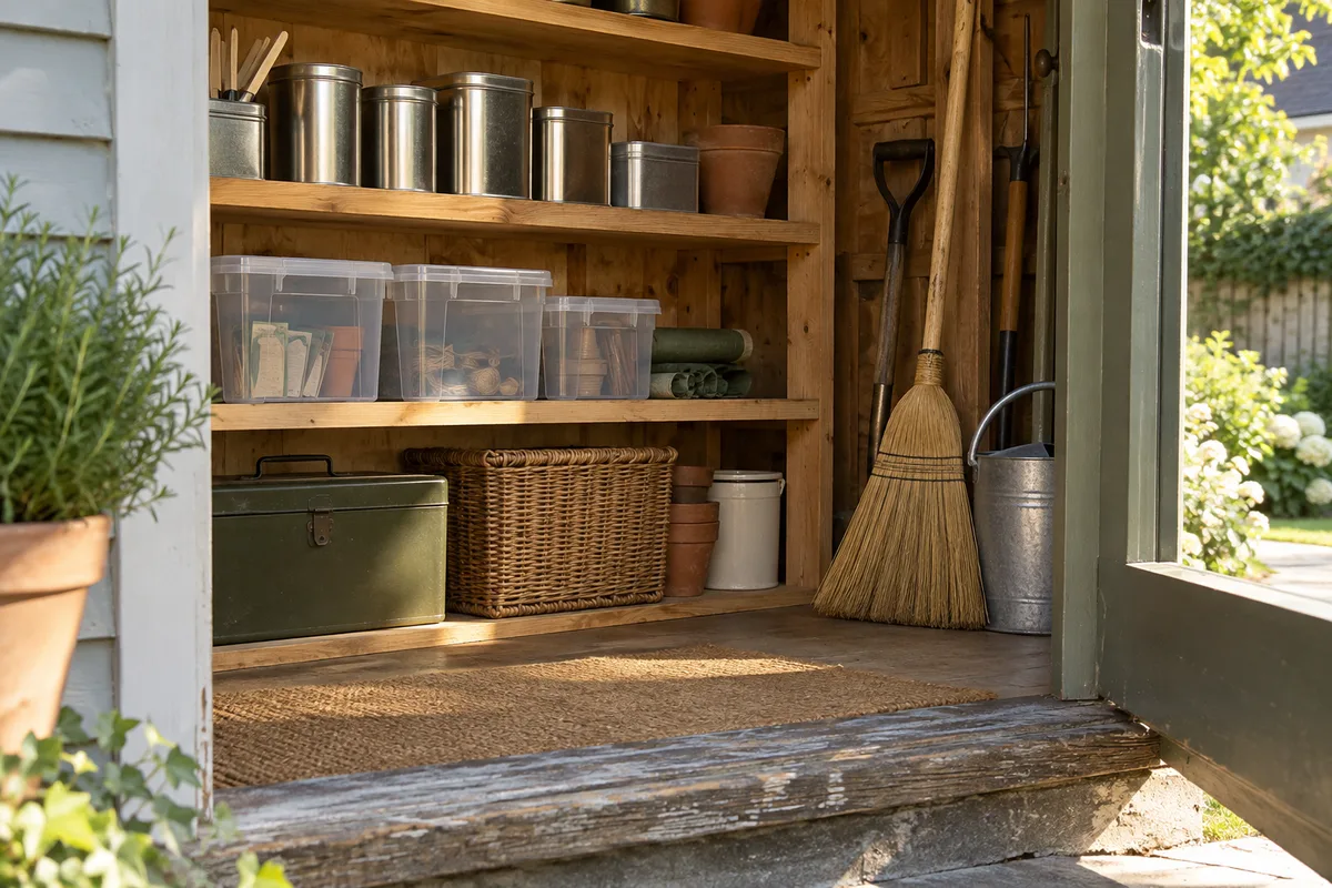 Illustrative shed interior with sealed storage containers and a sunlit threshold